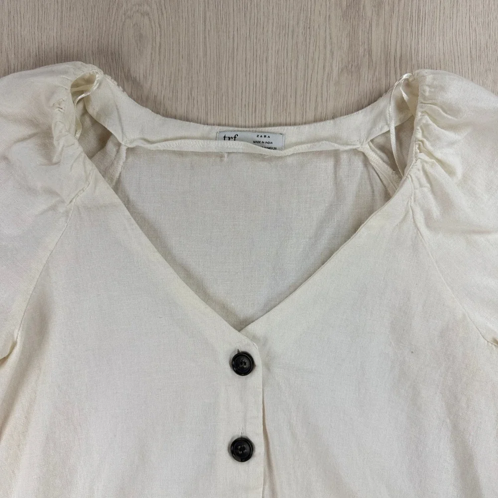 Blouse Zara Womens Medium Cream Cotton Linen Puff Sleeve V-Neck Button Front